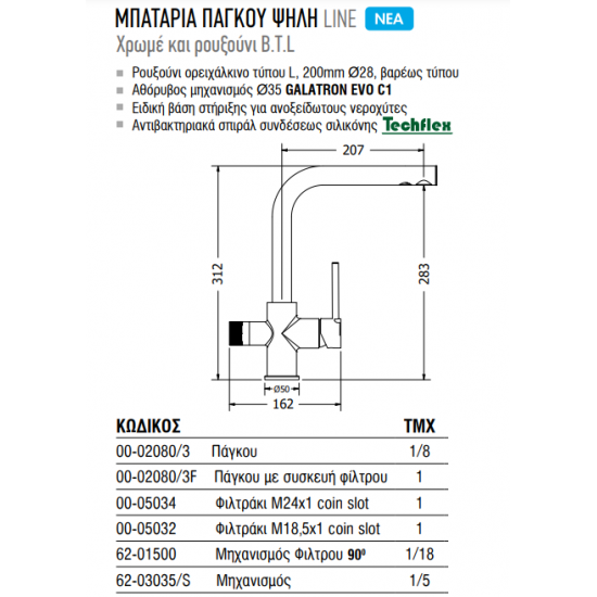 Μπαταρία Κουζίνας Πάγκου Ψηλή Viospiral Line 3 Way 00-02080/3BF Black Matt